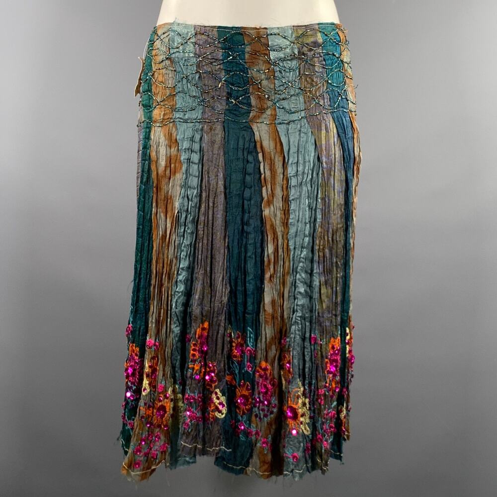 CHAN LUU Size M Teal Rust Silk Flower Knee Length Skirt
